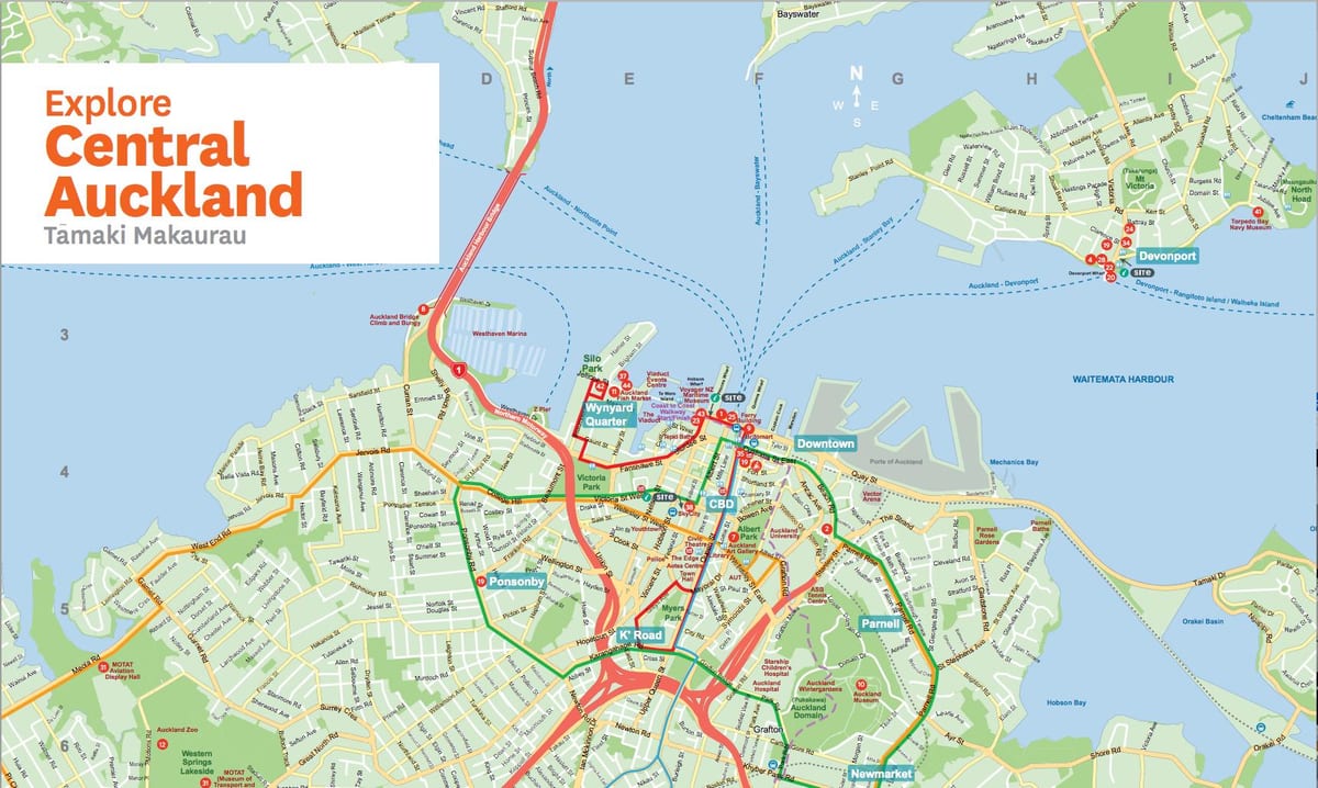 kart over sentrale Auckland